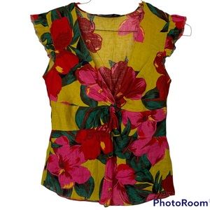 Zara Womens 100% Linen Bright Floral Sleeveless Top Resort Vacation Size…